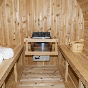 Dundalk CT Tranquility Barrel Sauna CTC2345W - Cedar - with Heater, bucket & laddle, white towels - Inside - Vital Hydrotherapy
