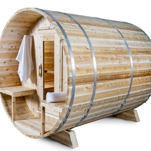 Dundalk Canadian Timber Serenity 2 to 4 person Eastern White Cedar Sauna CTC2245W - with bronze tempered glass with wooden frame - with white towel - Isometric view - Vital Hydrotherapy