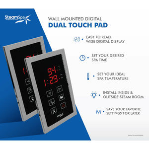 SteamSpa Dual Touch Control Panel  - Polished Brushed Nickel - Large display screen of temperature and clock - Functions - DTP - Vital Hydrotherapy