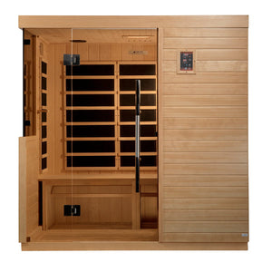 Dynamic Bilbao 3-person Ultra Low EMF (Under 3MG) FAR Infrared Sauna (Canadian Hemlock) DYN-5830-01 - Vital Hydrotherapy - PureTech™ Near Zero EMF - FAR IR Carbon Panels - Natural Reforested Canadian Hemlock wood construction - Clear Tempered glass door and with side Windows - Interior Chromotherapy Color Lighting System - Interior LED control panels - Bluetooth and MP3 auxiliary connection with built in speakers - Vital Hydrotherapy