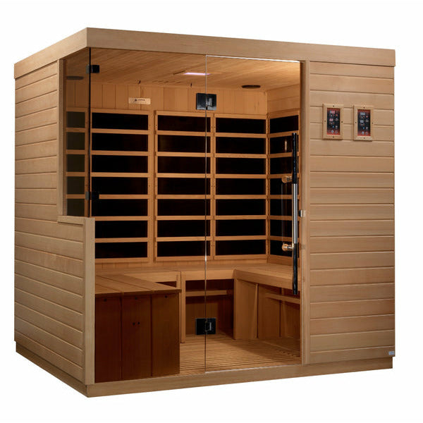 Dynamic La Sagrada 6-person Ultra Low EMF (Under 3MG) FAR Infrared Sauna (Canadian Hemlock) DYN-5860-01 - Vital Hydrotherapy - Full 6 person capacity - PureTech™ Near Zero EMF - FAR IR Carbon Panels - Natural Reforested Canadian Hemlock wood construction - Clear Tempered glass door and with side Windows - Interior Chromotherapy Color Lighting System - Interior LED control panels - Bluetooth and MP3 auxiliary connection with built in speakers - Vital Hydrotherapy