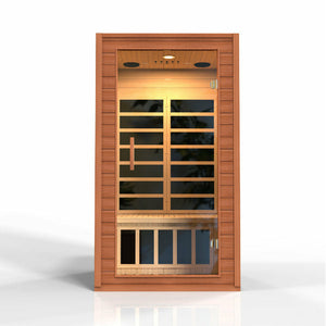 Dynamic Avila 1-2-person Low EMF (Under 8MG) FAR Infrared Sauna (Canadian Hemlock) DYN-6103-01 - Vital Hydrotherapy - PureTech™ Near Zero EMF - FAR IR Carbon Panels - Natural Reforested Canadian Hemlock wood construction - Clear Tempered glass door and with side Windows - Interior Chromotherapy Color Lighting System - Interior LED control panels - Bluetooth and MP3 auxiliary connection with built in speakers - Vital Hydrotherapy
