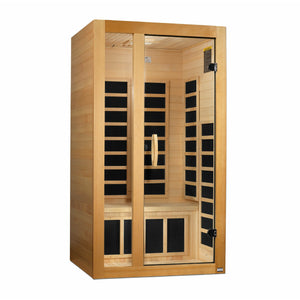 Dynamic Gracia Low EMF FAR Infrared Sauna - 1-2 Person Natural hemlock wood construction Roof vent with Tempered glass door isometric view in white background