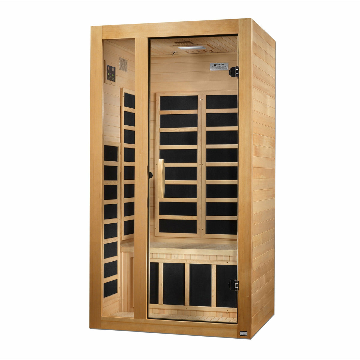 Dynamic Gracia Low EMF FAR Infrared Sauna - 1-2 Person Natural hemlock wood construction Roof vent with Tempered glass door front view in white background