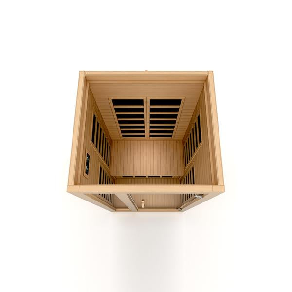 Dynamic Gracia Low EMF FAR Infrared Sauna - 1-2 Person Natural hemlock wood with Interior LED control panel inside partial build top view in white background