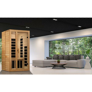 Dynamic Gracia Low EMF FAR Infrared Sauna - 1-2 Person Natural hemlock wood construction Roof vent with Tempered glass door isometric view inside the house