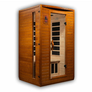 Dynamic Versailles Edition Low EMF Far Infrared Sauna Natural hemlock wood construction Roof vent with Tempered glass door and exterior LED control panel isometric view in white background