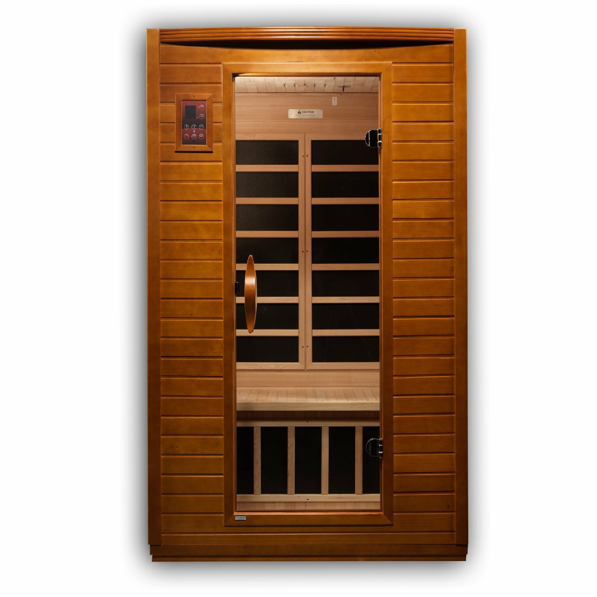 Dynamic Versailles Edition Low EMF Far Infrared Sauna Natural hemlock wood construction Roof vent with Tempered glass door and exterior LED control panel isometric view in white background
