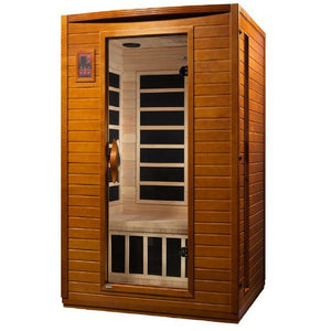 Dynamic Versailles Edition Low EMF Far Infrared Sauna Natural hemlock wood construction Roof vent with Tempered glass door and exterior LED control panel side view in white background