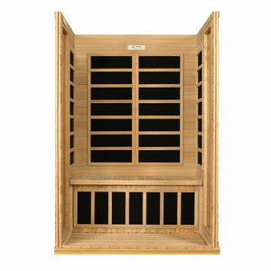 Dynamic Versailles Edition Low EMF Far Infrared Sauna Natural hemlock wood construction inside partial build view in white background