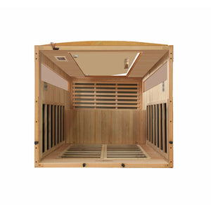 Dynamic Versailles Edition Low EMF Far Infrared Sauna Natural hemlock wood construction inside partial build top view in white background