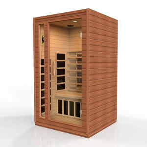 Dynamic Cardoba 2-Person Full Spectrum Near Zero EMF (Under 2MG) FAR Infrared Sauna (Canadian Hemlock) DYN-6203-02 FS - Full 2 person capacity - PureTech™ Near Zero EMF - FAR IR Carbon Panels - Natural Reforested Canadian Hemlock wood construction - Clear Tempered glass door and with side Windows - Interior Chromotherapy Color Lighting System - Interior LED control panels - Bluetooth and MP3 auxiliary connection with built in speakers - Vital Hydrotherapy