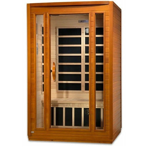 GDI Dynamic San Marino Elite 2-person Ultra Low EMF FAR Infrared Sauna DYN-6206-01 Elite - Carbon PureTech™ Ultra Low EMF Heat Emitters - Natural hemlock wood construction - Interior and exterior LED control panel - Tempered glass door - Interior reading/chromotherapy lighting system - Vital Hydrotherapy