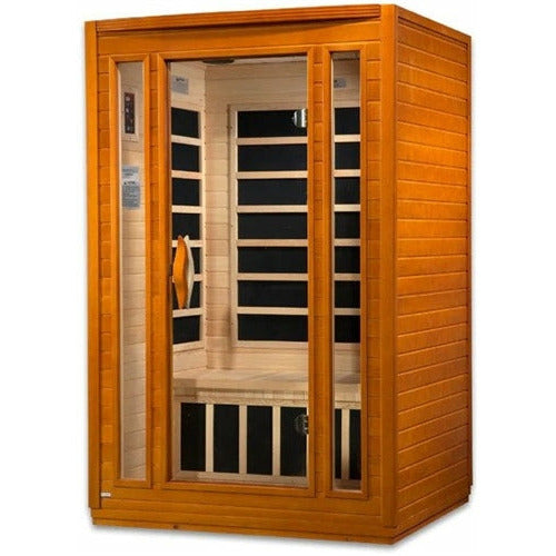 GDI Dynamic San Marino Elite 2-person Ultra Low EMF FAR Infrared Sauna DYN-6206-01 Elite - Carbon PureTech™ Ultra Low EMF Heat Emitters - Natural hemlock wood construction - Interior and exterior LED control panel - Tempered glass door - Interior reading/chromotherapy lighting system - Vital Hydrotherapy