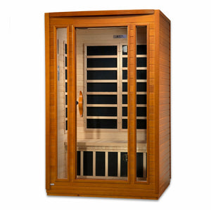 Dynamic San Marino Edition Low EMF Far Infrared Sauna - 2 Person Natural hemlock wood construction Roof vent with Tempered glass door front view in white background  - Vital Hydrotherapy