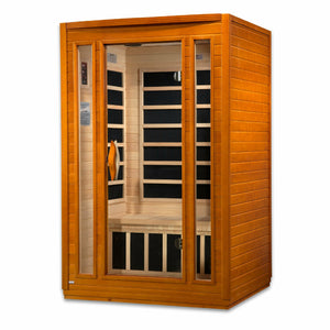 Dynamic San Marino Edition Low EMF Far Infrared Sauna - 2 Person Natural hemlock wood construction Roof vent with Tempered glass door and interior LED control panel front view in white background  - Vital Hydrotherapy