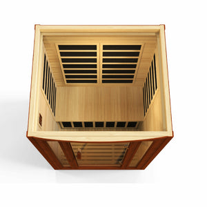 Dynamic San Marino Edition Low EMF Far Infrared Sauna - 2 Person Natural hemlock wood construction with Tempered glass door inside partial build top view in white background  - Vital Hydrotherapy