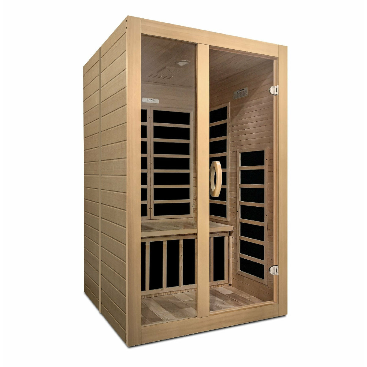Infrared Sauna Dynamic Santiago 2 person Natural hemlock wood construction roof vent with tempered glass door isometrical view  - Vital Hydrotherapy