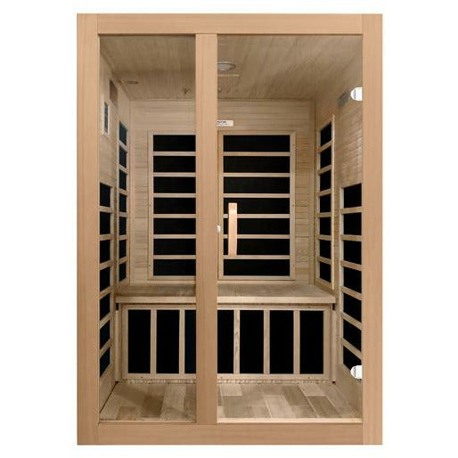 Infrared Sauna Dynamic Santiago 2 person Natural hemlock wood construction roof vent with tempered glass door front view  - Vital Hydrotherapy