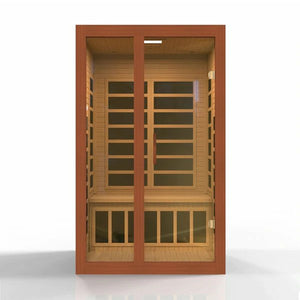 Dynamic Santiago Elite 2-person Ultra Low EMF (Under 3MG) FAR Infrared Sauna (Canadian Hemlock) DYN-6209-02 Elite - Carbon PureTech™ Ultra Low EMF Heat Emitters - Natural hemlock wood construction - Interior and exterior LED control panel - Tempered glass door - Interior reading/chromotherapy lighting system - Vital Hydrotherapy