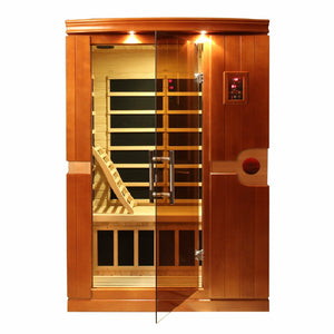 Dynamic Venice Edition Low EMF Far Infrared Sauna - 2 Person Natural hemlock wood construction Roof vent with Tempered glass door, Interior reading/chromotherapy lighting system and Interior and exterior LED control panel front view in white background