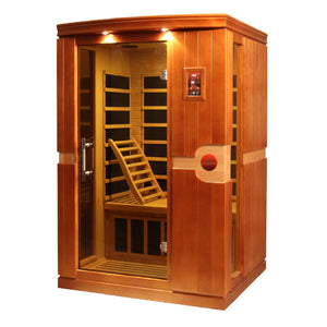 Dynamic Venice Edition Low EMF Far Infrared Sauna - 2 Person Natural hemlock wood construction Roof vent with Tempered glass door, Interior reading/chromotherapy lighting system and Interior and exterior LED control panel isometric view in white background