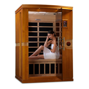 Dynamic Venice Edition Low EMF Far Infrared Sauna - 2 Person Natural hemlock wood construction Roof vent with Tempered glass door, Interior reading/chromotherapy lighting system and Interior and exterior LED control panel with young woman model