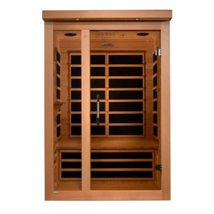 Infrared Sauna Dynamic Llumeneres 2 person Natural hemlock wood construction Roof vent with tempered glass door front view