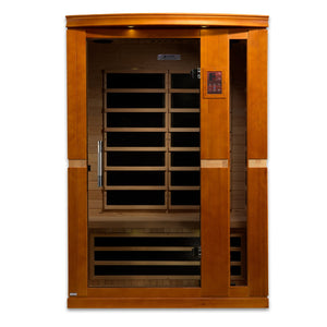 Dynamic Vittoria Edition Low EMF Far Infrared Sauna - 2 Person Natural hemlock wood construction Roof vent with Tempered glass door and exterior LED control panel front view in white background
