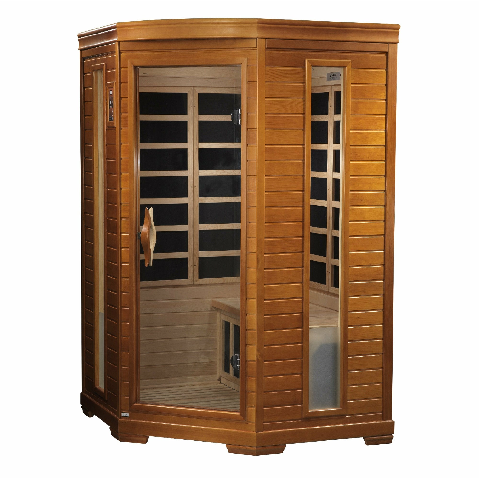 Dynamic Heming Edition Low EMF Far Infrared Sauna 2 - Person Natural hemlock wood construction Roof vent with Tempered glass door front view in white background