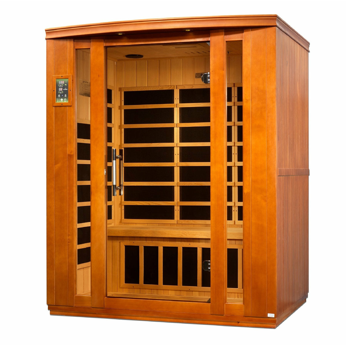 Infrared Sauna 3 person Natural hemlock wood construction roof vent with tempered glass door isometrical view