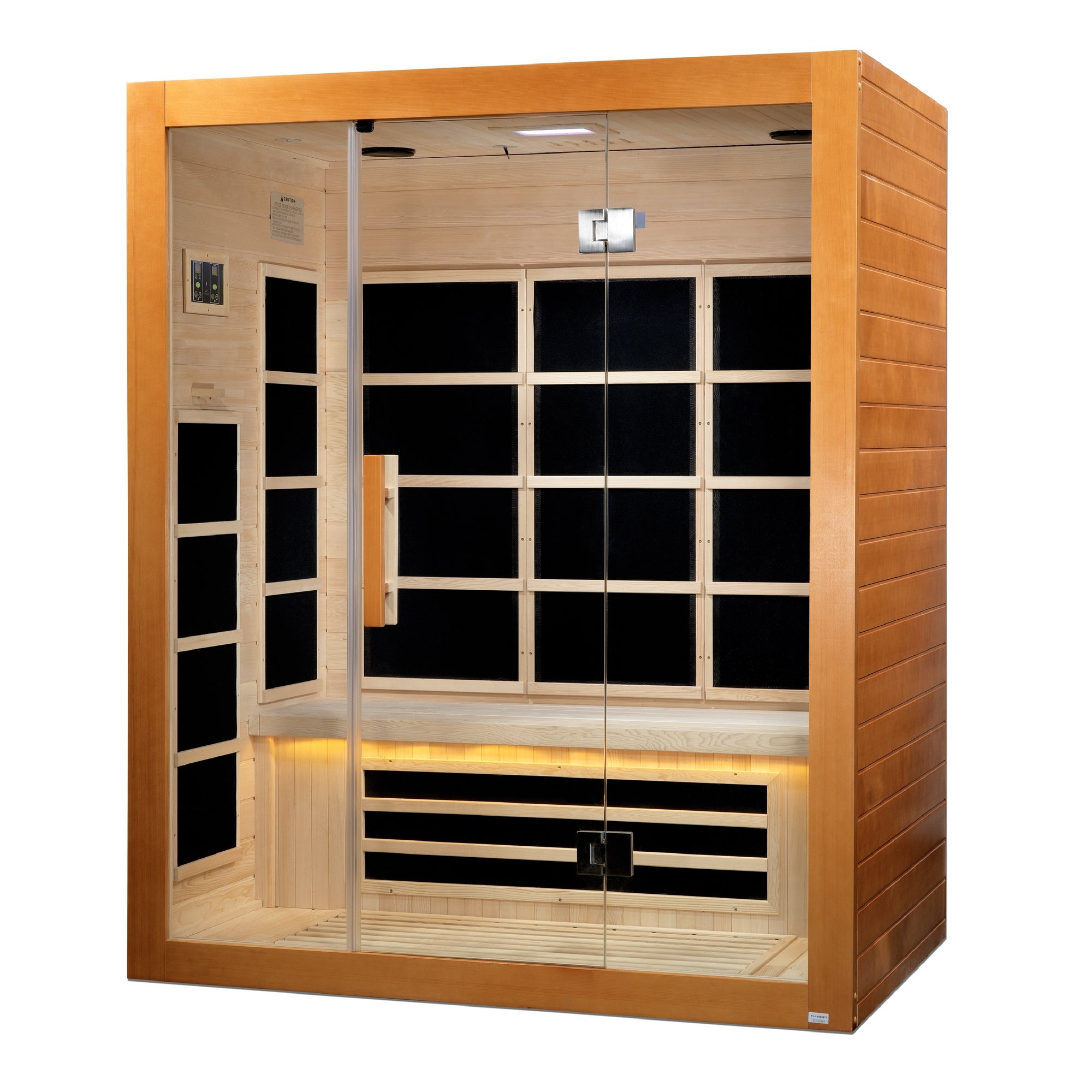 Marseille Ultra Low EMF FAR Infrared Sauna - 3 Person Natural Reforested Canadian Hemlock wood construction Roof vent with Clear tempered glass door, LED control panel and Interior reading/chromotherapy lighting system isometric view in white background