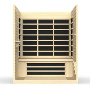 Vila Ultra Low EMF FAR Infrared Sauna - Natural hemlock wood construction - interior design front view in a white background