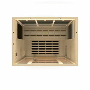 Vila Ultra Low EMF FAR Infrared Sauna - Natural hemlock wood construction - interior design top view in a white background