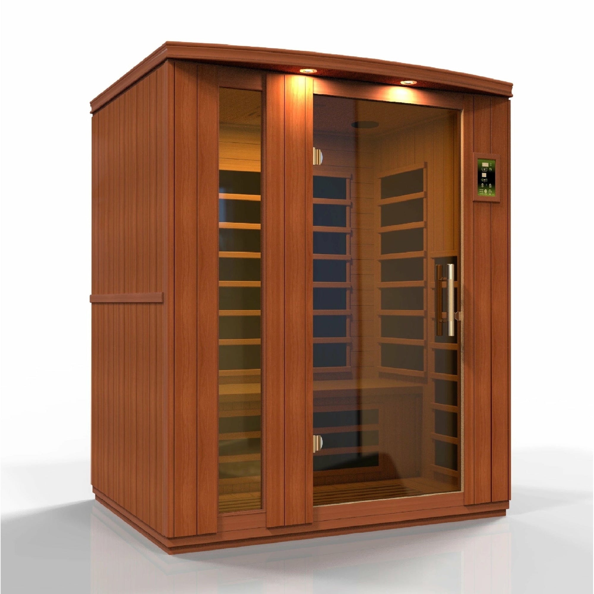 Dynamic Lugano 3-person Low EMF (Under 8MG) FAR Infrared Sauna (Canadian Hemlock) DYN-6336-02 - Carbon PureTech™ Ultra Low EMF Heat Emitters - Natural hemlock wood construction - Interior and exterior LED control panel - Tempered glass door - Interior reading/chromotherapy lighting system - Vital Hydrotherapy