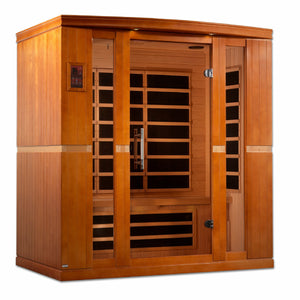 Dynamic Bergamo Low EMF Far Infrared Sauna - 4 Person Natural hemlock wood construction with Tempered glass door and Interior and exterior LED control panel isometric view in white background
