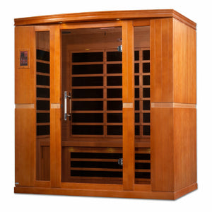 Dynamic Bergamo Low EMF Far Infrared Sauna - 4 Person Natural hemlock wood construction with Tempered glass door and Interior and exterior LED control panel front view in white background
