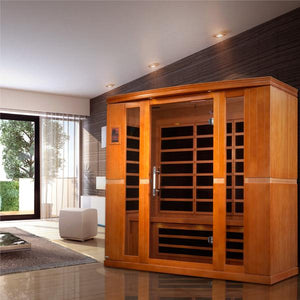 Dynamic Bergamo Low EMF Far Infrared Sauna - 4 Person Natural hemlock wood construction with Tempered glass door and Interior and exterior LED control panel isometric view inside the house