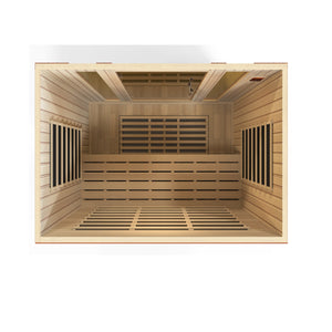 Dynamic Bergamo Low EMF Far Infrared Sauna - 4 Person Natural hemlock wood construction with Tempered glass door inside partial top view