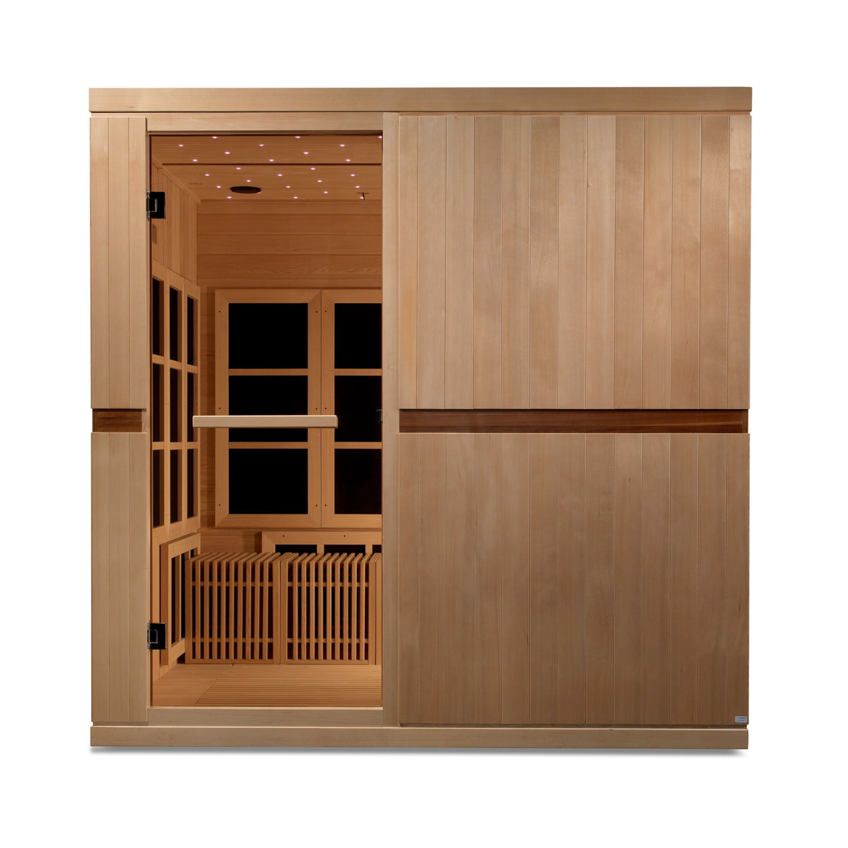 Catalonia Ultra Low EMF FAR Infrared Sauna - 8 Person - Natural Reforested Canadian Hemlock wood construction, Roof vent with tempered glass door, 8 Custom designed portable comfort benches, Galaxy star chromotherapy lighting system, Interior reading lights front view in white background