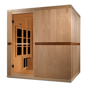 Catalonia Ultra Low EMF FAR Infrared Sauna - 8 Person - Natural Reforested Canadian Hemlock wood construction, Roof vent with tempered glass door, Galaxy star chromotherapy lighting system, Interior reading lights isometric view in white background