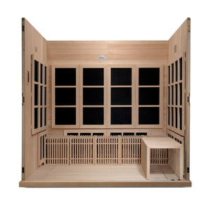 Catalonia Ultra Low EMF FAR Infrared Sauna - 8 Person - Natural Reforested Canadian Hemlock wood construction, Roof vent, 8 Custom designed portable comfort benches, Galaxy star chromotherapy lighting system, Interior reading lights inside partial build view in white background