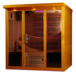 Infrared Sauna 6 person Natural hemlock wood construction with tempered glass door Roof vent in a white background