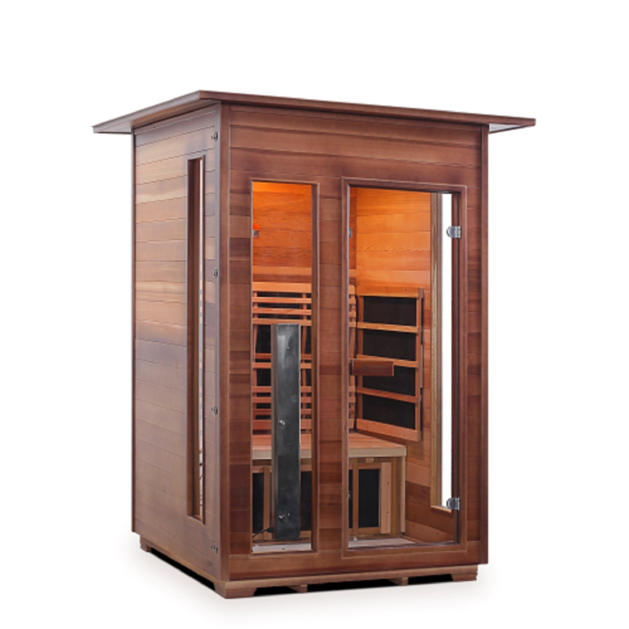 Enlighten sauna Infrared and Dry Traditional Hybrid Diamond 2 Person Indoor roofed Canadian Red Cedar Wood Outside And Inside with glass door isometric view