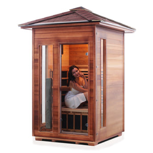 Enlighten Sauna Infrared/Traditional DIAMOND Outdoor peak Roofed two person sauna Canadian Red Cedar Wood with glass door and window with young woman model