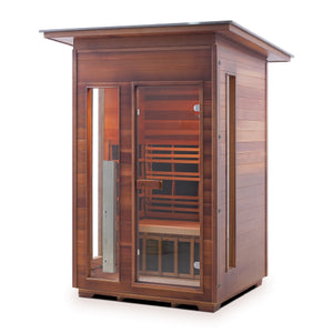 Enlighten Sauna Infrared/Traditional DIAMOND Outdoor Slope Roofed two person sauna Canadian Red Cedar Wood with glass door and window isometric view