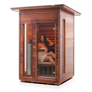 Enlighten Sauna Infrared/Traditional DIAMOND Outdoor Slope Roofed two person sauna Canadian Red Cedar Wood with glass door and window with young woman model
