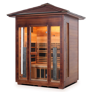 Enlighten Sauna Infrared/Traditional DIAMOND Outdoor peak Roofed three person sauna Canadian Red Cedar Wood with glass door and windows isometric view