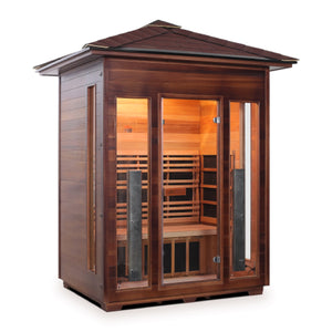Enlighten Sauna Infrared/Traditional DIAMOND Outdoor peak Roofed three person sauna Canadian Red Cedar Wood with glass door and windows isometric view 