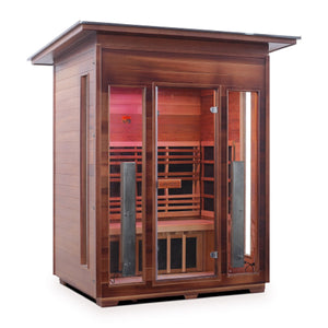 Enlighten Sauna Infrared/Traditional DIAMOND Outdoor Slope Roofed three person sauna Canadian Red Cedar Wood with glass door and windows isometric view